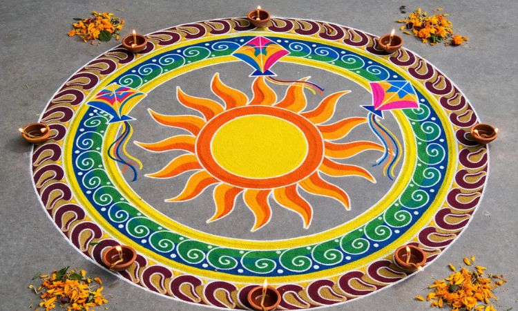 Sun and Diya Rangoli Design 
